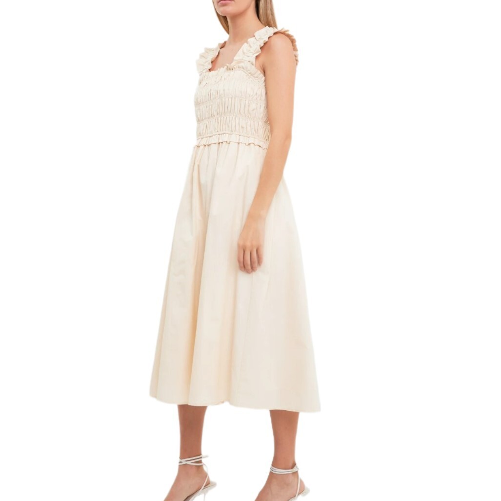 English Factory Women's Ruffled Shoulder Straps Midi Dress | Beige | Size S