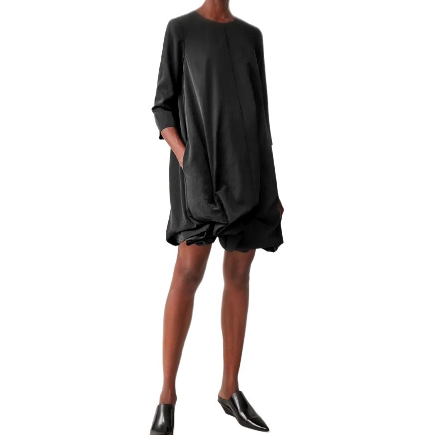COS Women's Black Asymmetric Gathered Hem Long Sleeve Dress Size 8 Modal