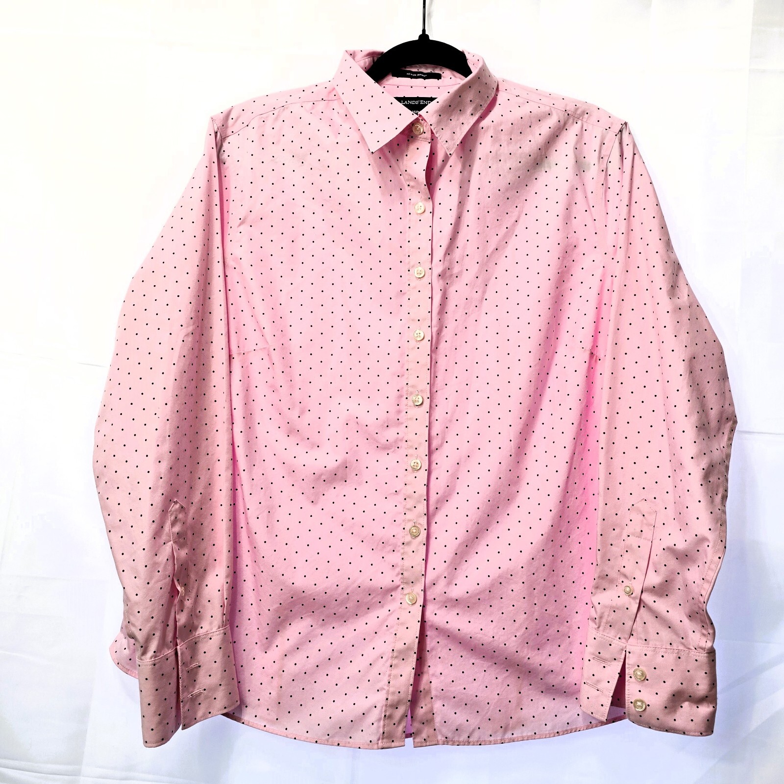 Lands' End Women's No Iron Shirt – Pink/Brown Polka Dots – Size 16P