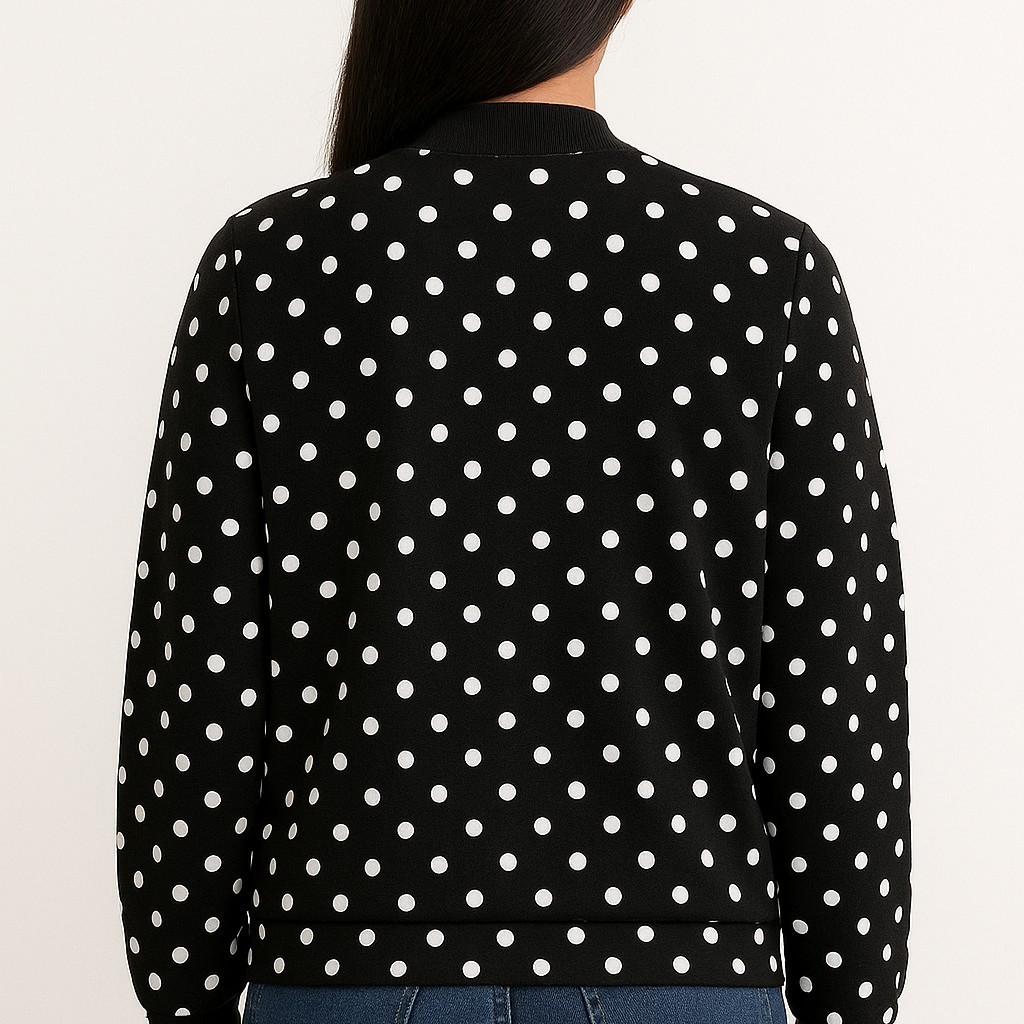 ELLE Womens Black White Polka Dot Bomber Jacket Medium Full Zip Pockets Lined
