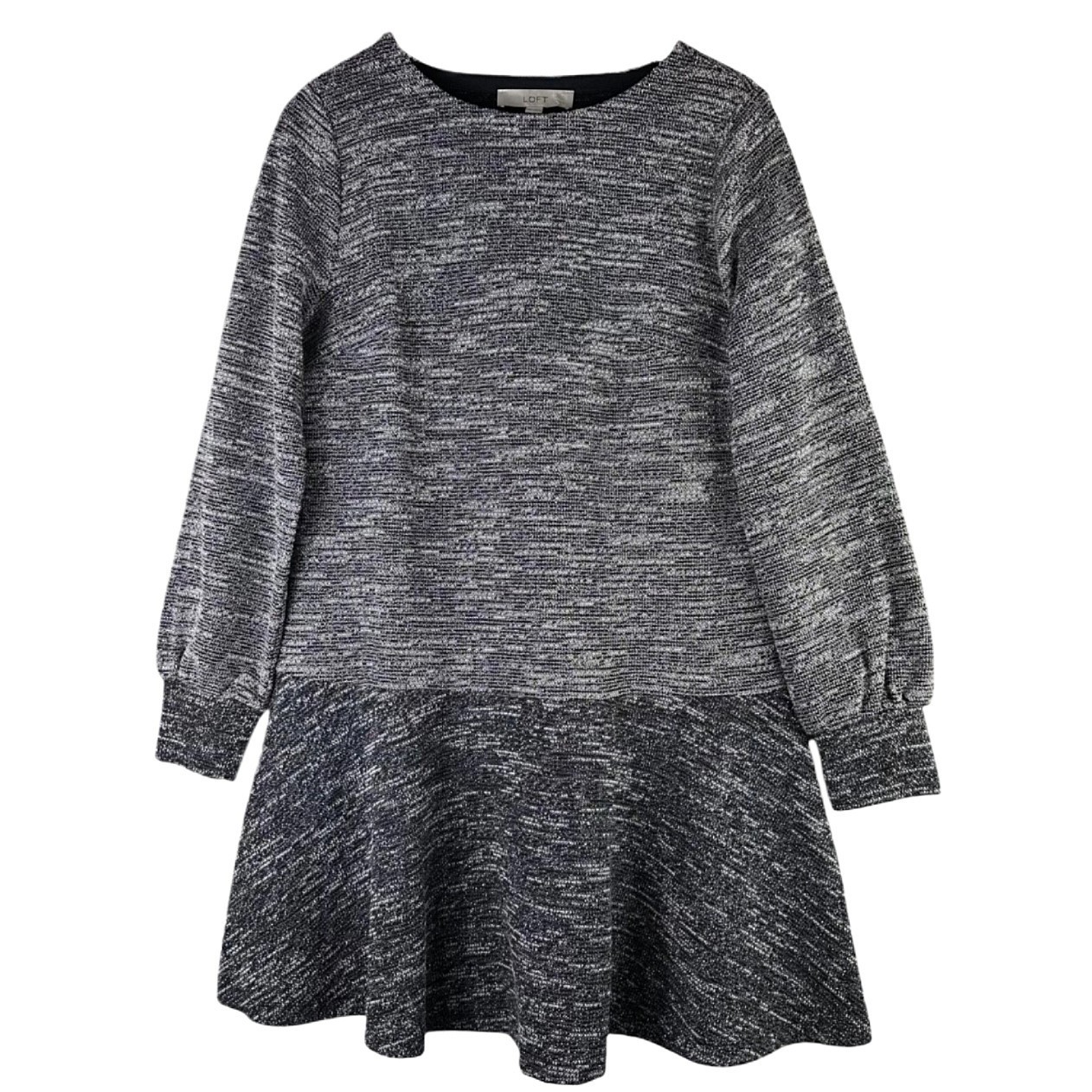 LOFT Women's Metallic Gray Sweater Dress, Medium, Balloon Sleeve, Fit & Flare