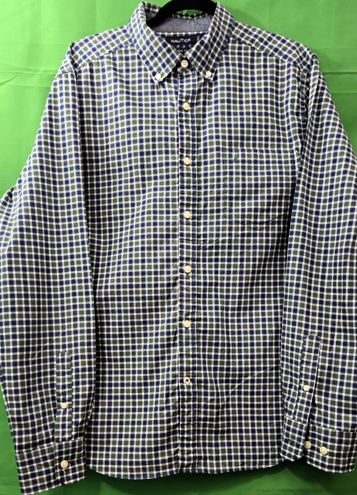NAUTICA Mens Blue/Green Plaid Dress Shirt - Size L - Long Sleeve
