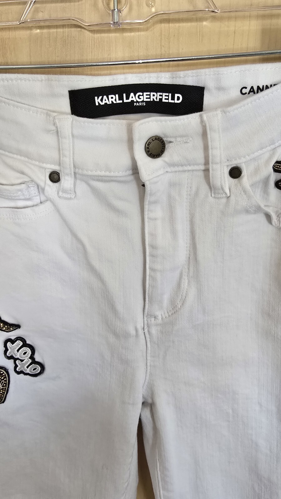 Karl Lagerfeld High-Rise Straight Leg Jeans – Luxe White Denim with Logo Patch.