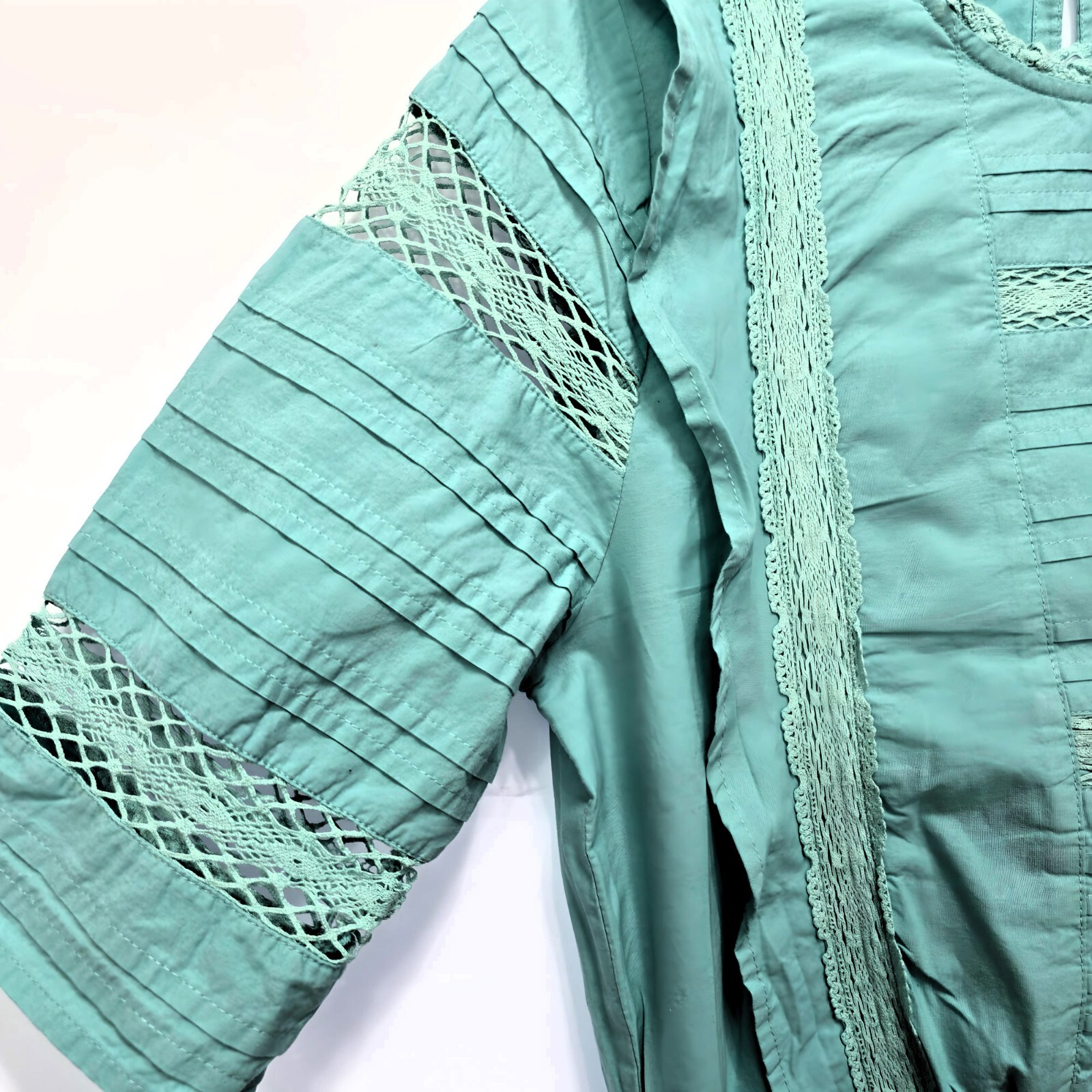 Broadway 38 High Neck Smocked Lace Blouse – Teal Blue – Women's Size M