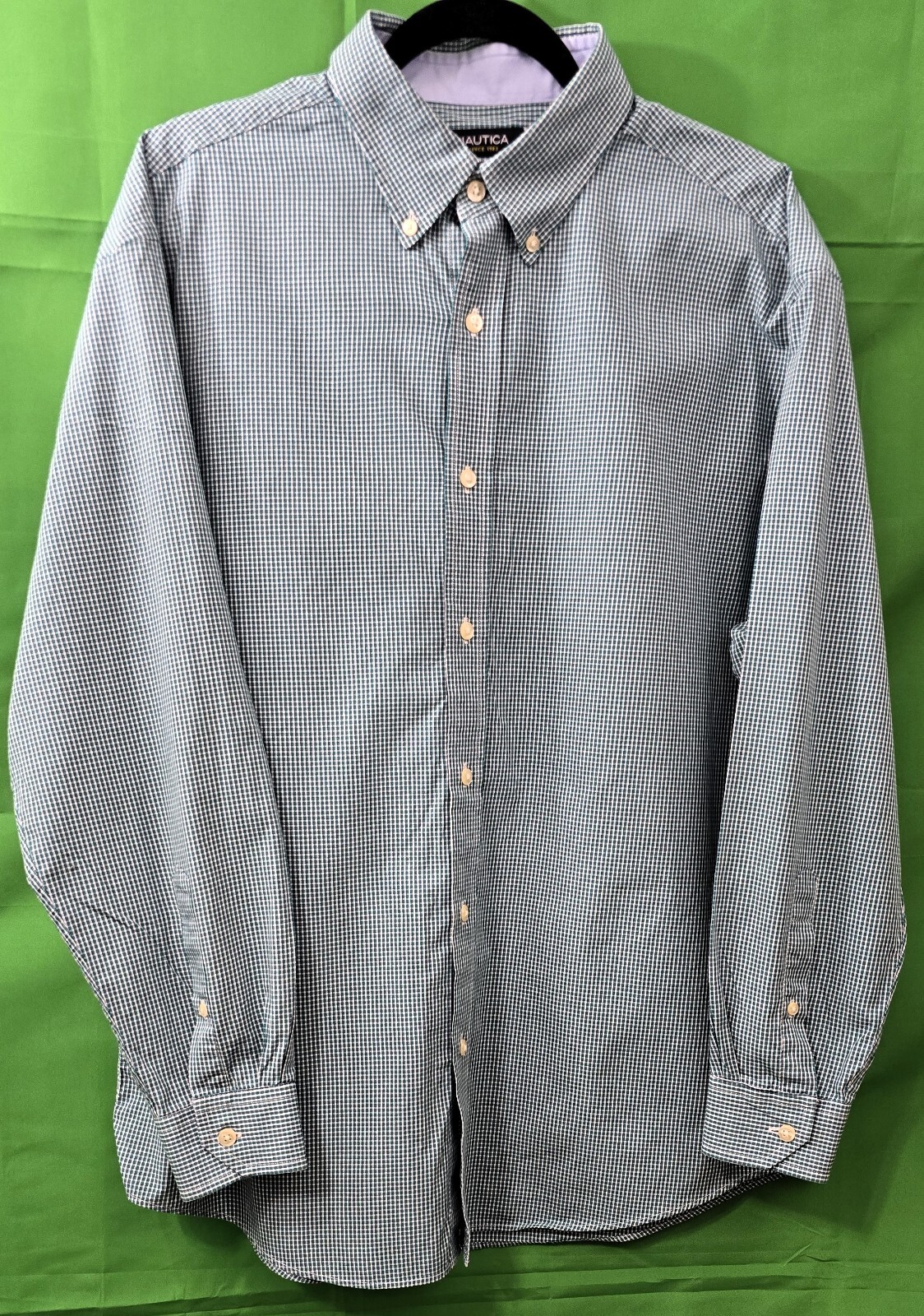Nautica Mens Plaid Dress Shirt - Size XL Green/White - 100% Cotton - Long Sleeve
