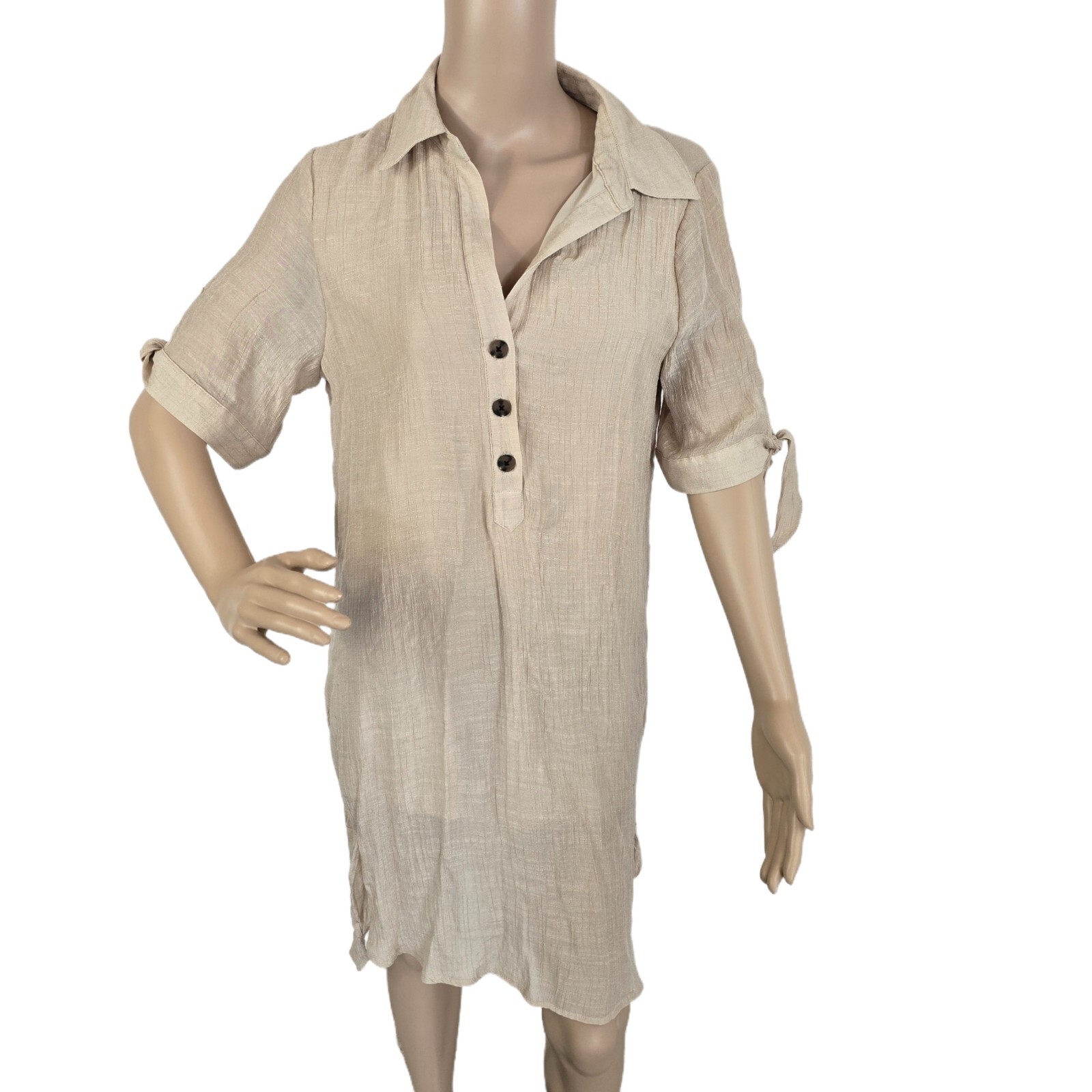 Indigo Rose Women's M Beige Shirt Dress Lined Button-Up Lightweight Boho