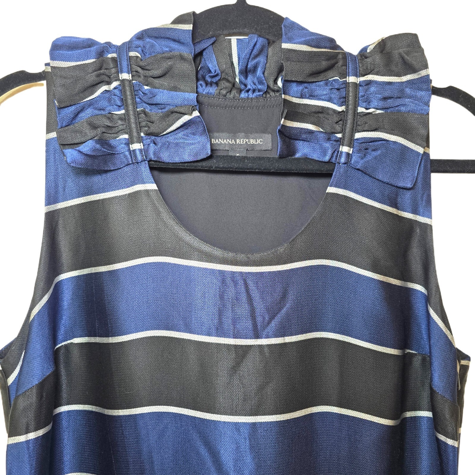 Banana Republic Women’s Size 6 Striped Shift Dress Navy Black Ruffle Neck Sleeve