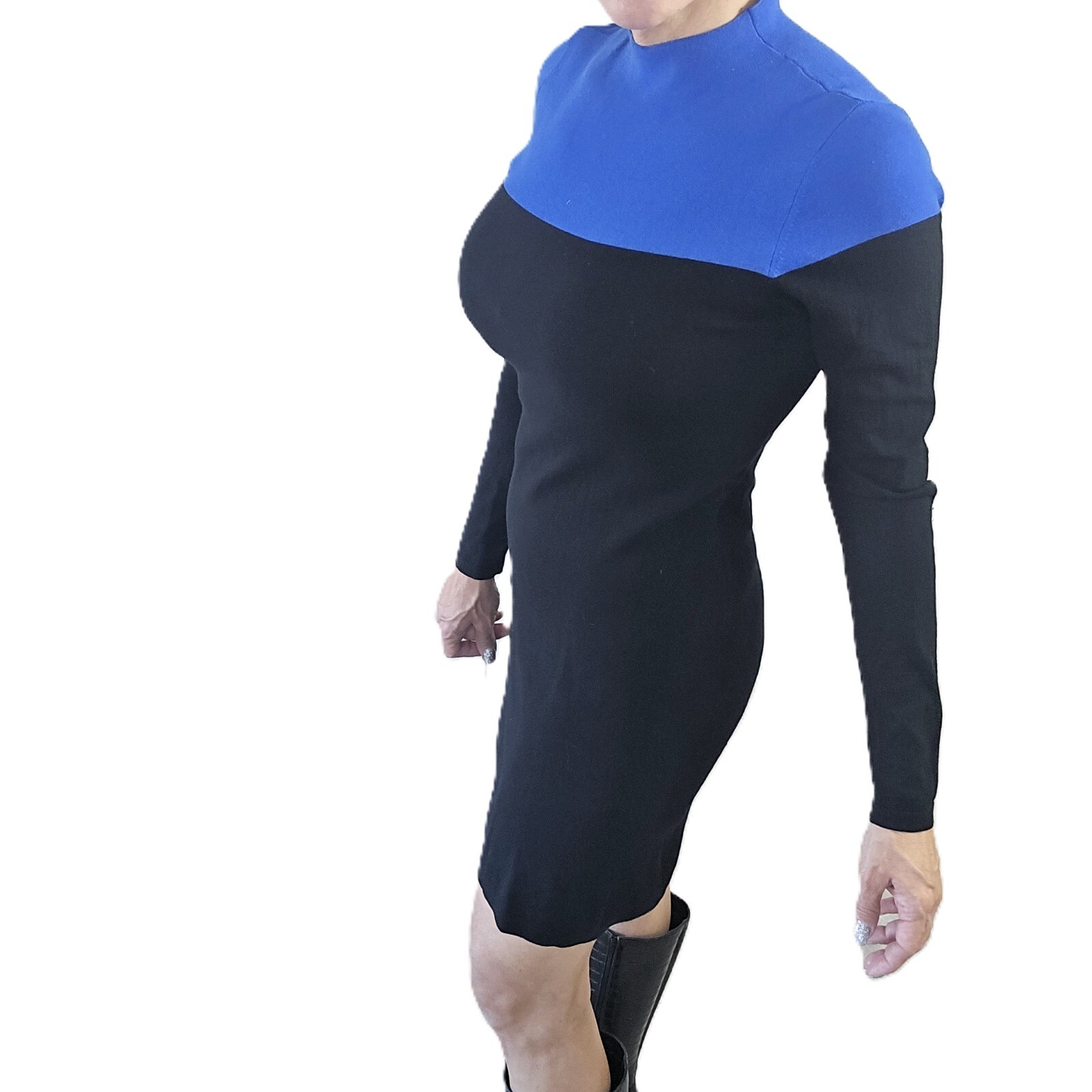 Ann Taylor Long Sleeve Dress, Size S – Black & Blue, Rayon Blend, Classic Fit