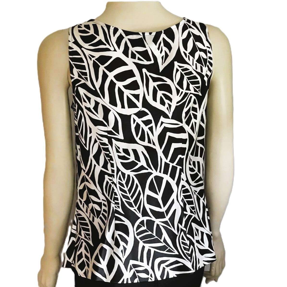 Talbots Vintage Pure Silk Cowl Neck Black White Leaf Print Sleeveless Blouse 6P