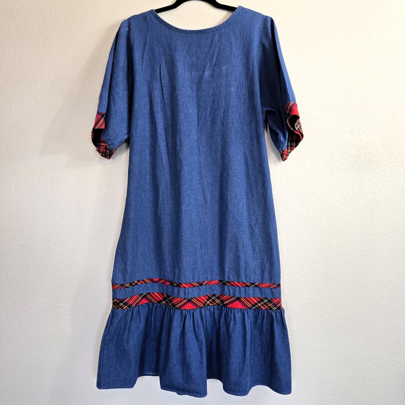 VTG 1980s Appel Denim Look Dress Boho Red Plaid Trim L/XL Grandmacore Cotton