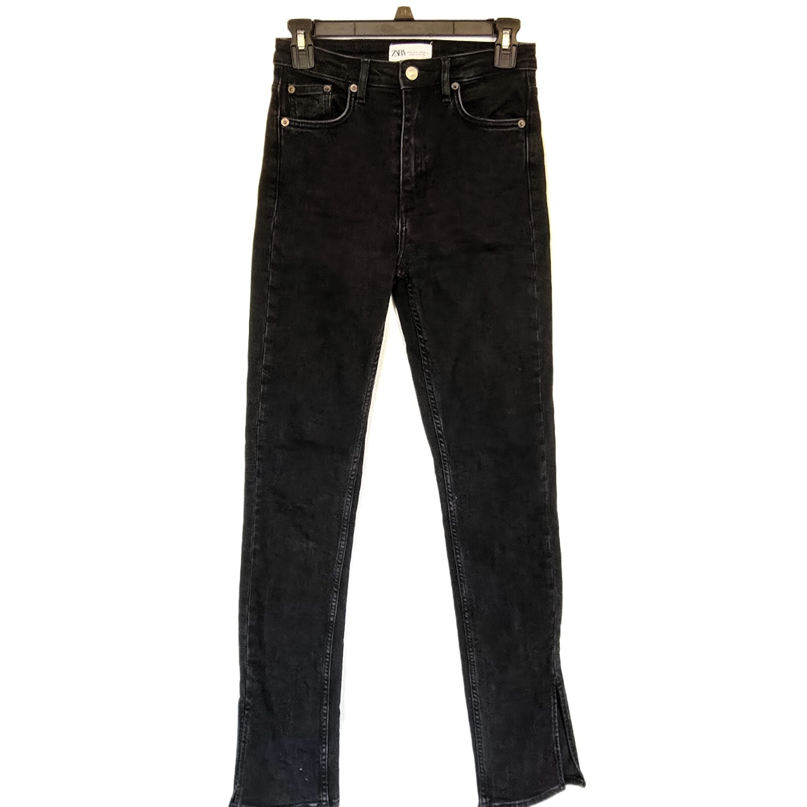 Zara Womens 2 Black High Rise Skinny Jeans Split Hem Stretch Denim Pants
