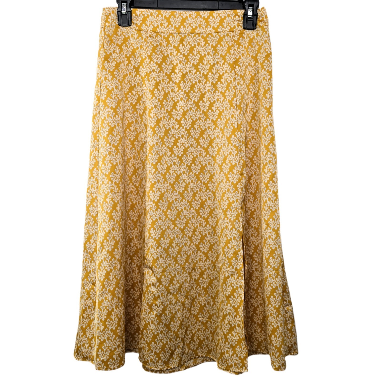 LOFT Gold Floral Satin Midi Skirt Size 0 A-Line Front Slit Yellow White Floral