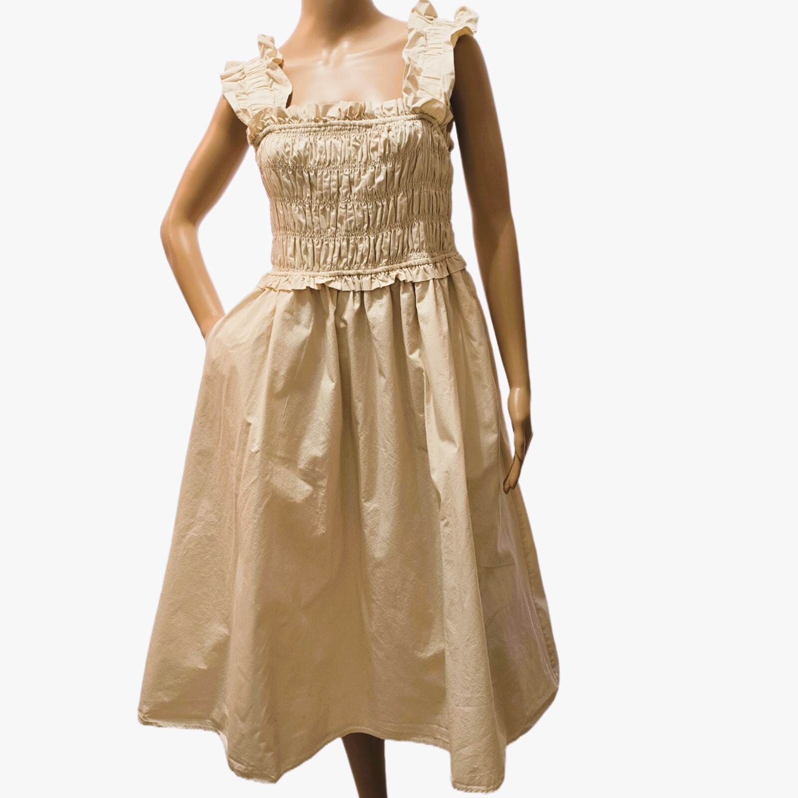 English Factory Women's Ruffled Shoulder Straps Midi Dress | Beige | Size S