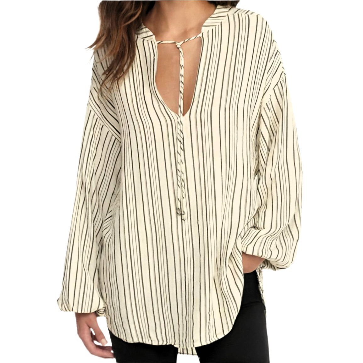 Free People Striped Bishop-Sleeve Tunic Blouse S – Boho Chic, All-Seasons