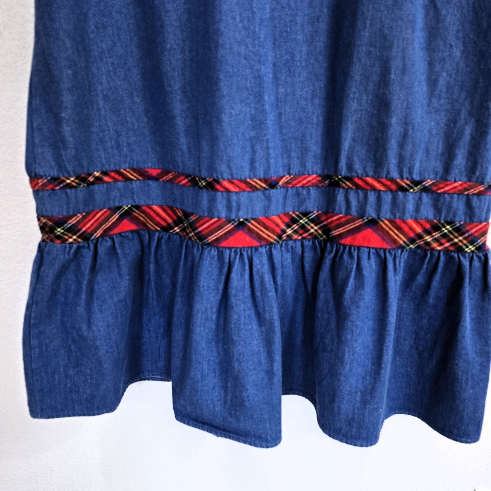 VTG 1980s Appel Denim Look Dress Boho Red Plaid Trim L/XL Grandmacore Cotton