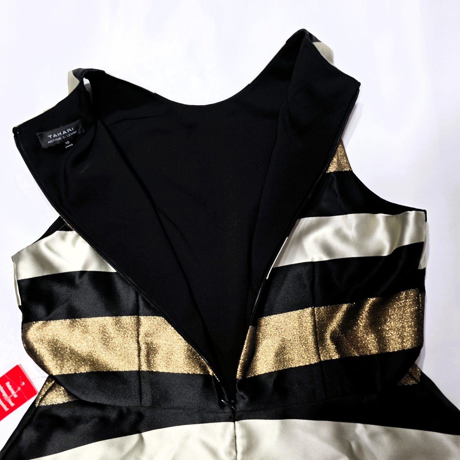 NWT TAHARI Women’s Sleeveless Striped Gold Black Fit & Flare Dress Sz 10