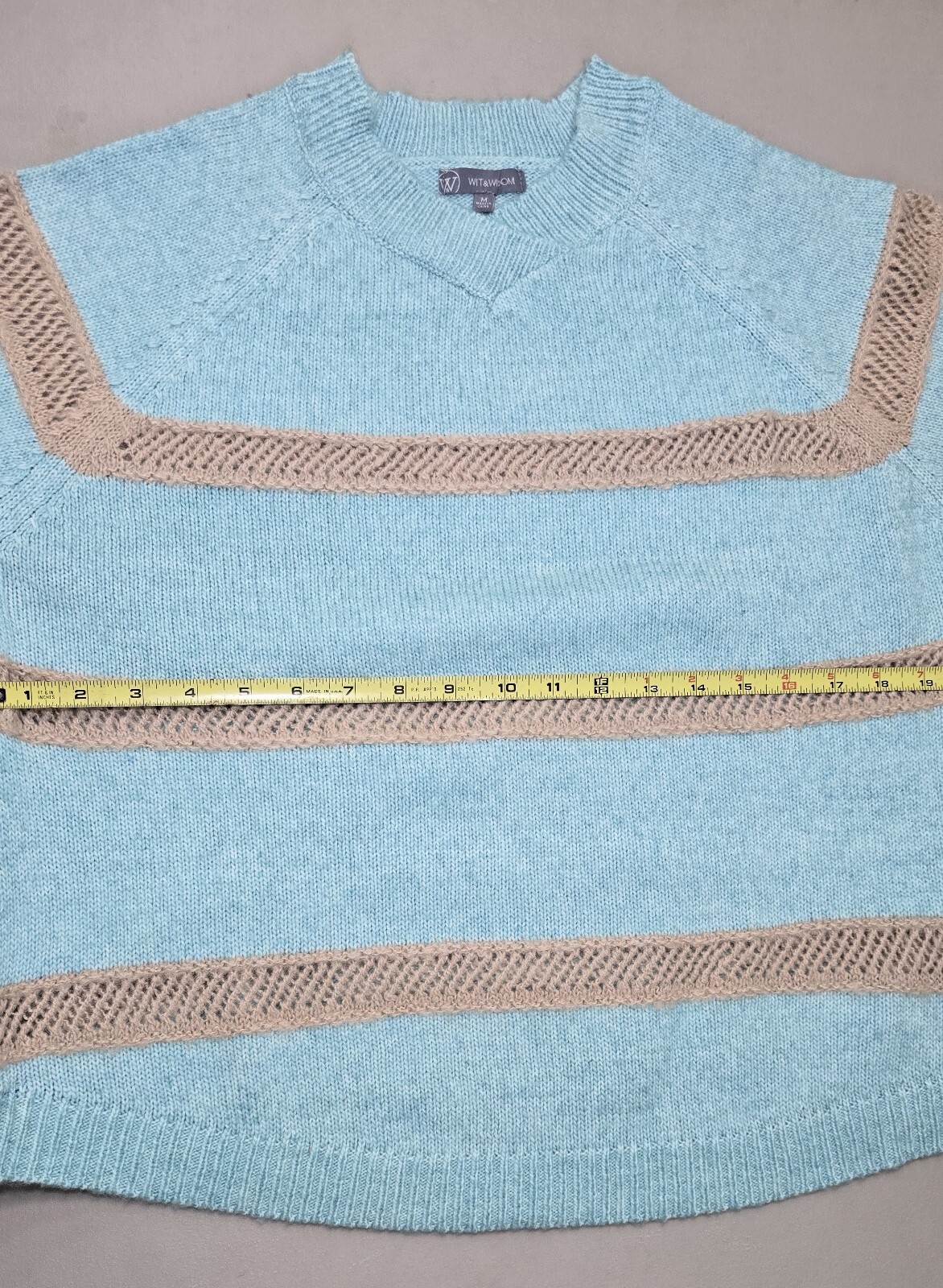 Wit & Wisdom Stripe V-Neck Sweater in Teal Lagoon/Natural - Size M