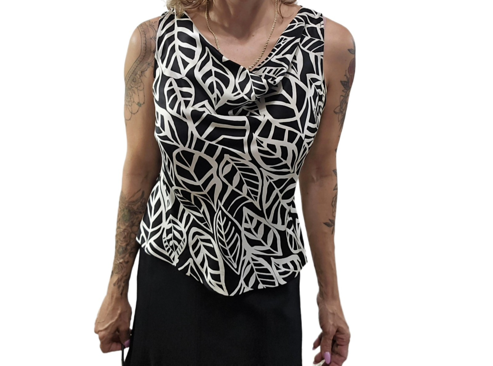 Talbots Vintage Pure Silk Cowl Neck Black White Leaf Print Sleeveless Blouse 6P