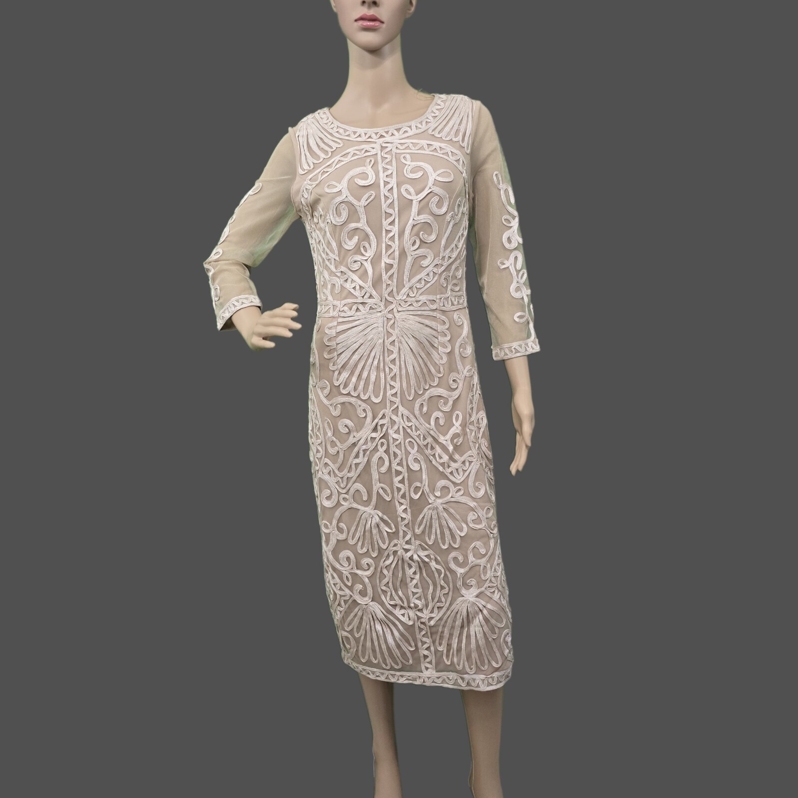 JS Collections Women's Ribbon Embroidered Midi Sheath Dress - Size 4
