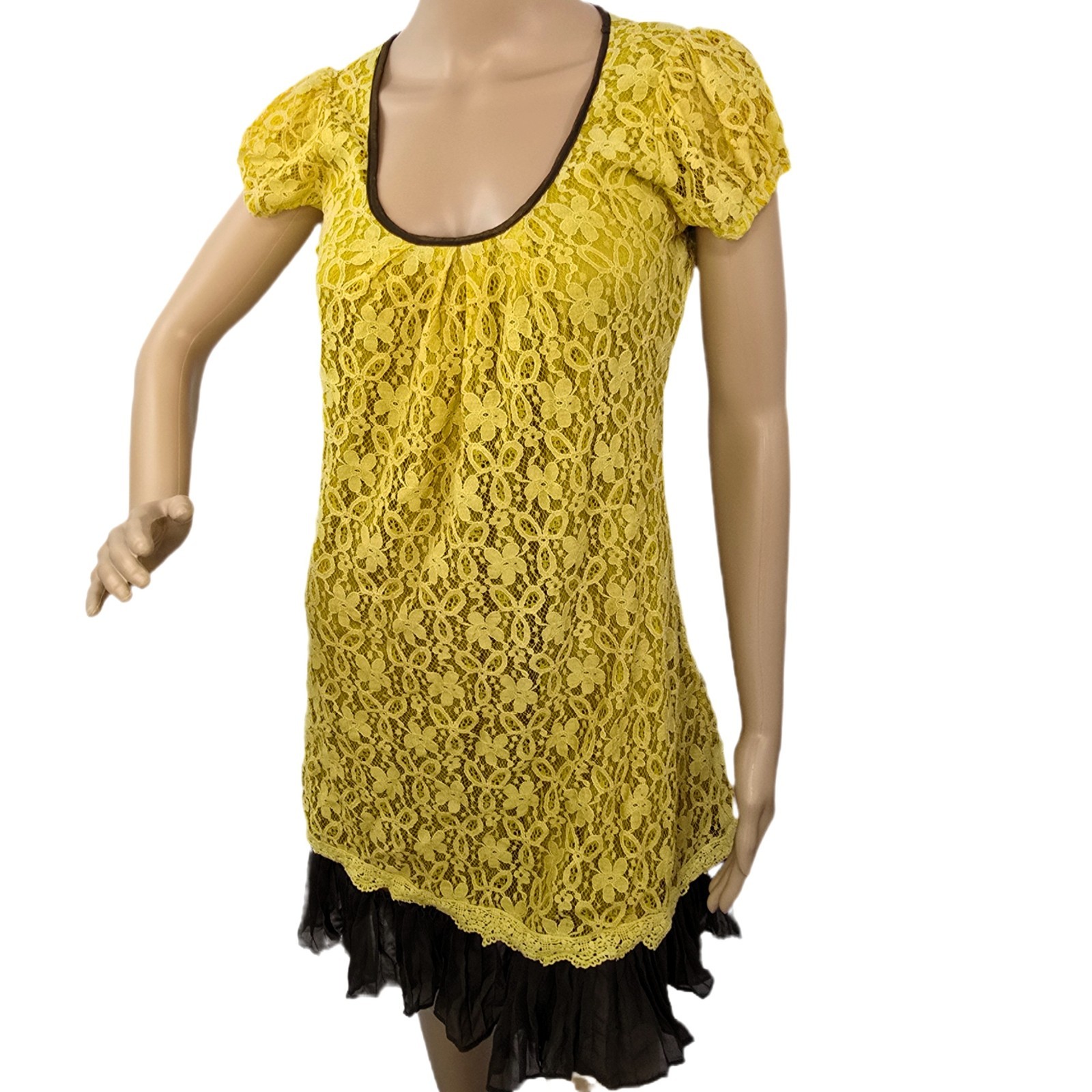 A’Reve Yellow Lace Dress Women’s Size S Romantic Boho with Ruffle Hem