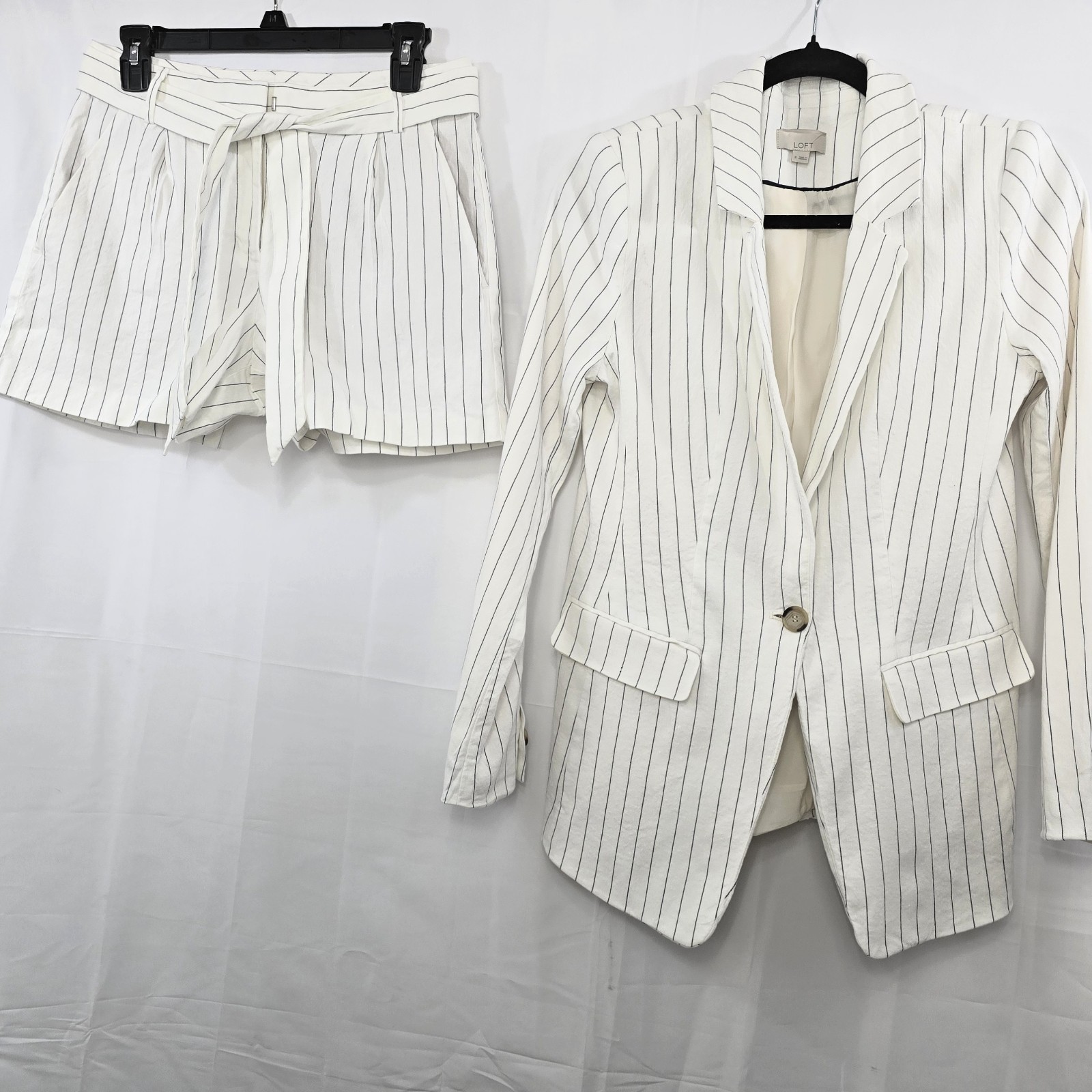 LOFT Linen Blend Blazer & Shorts 2 Pc Set Women’s 8/4 Pinstripe White