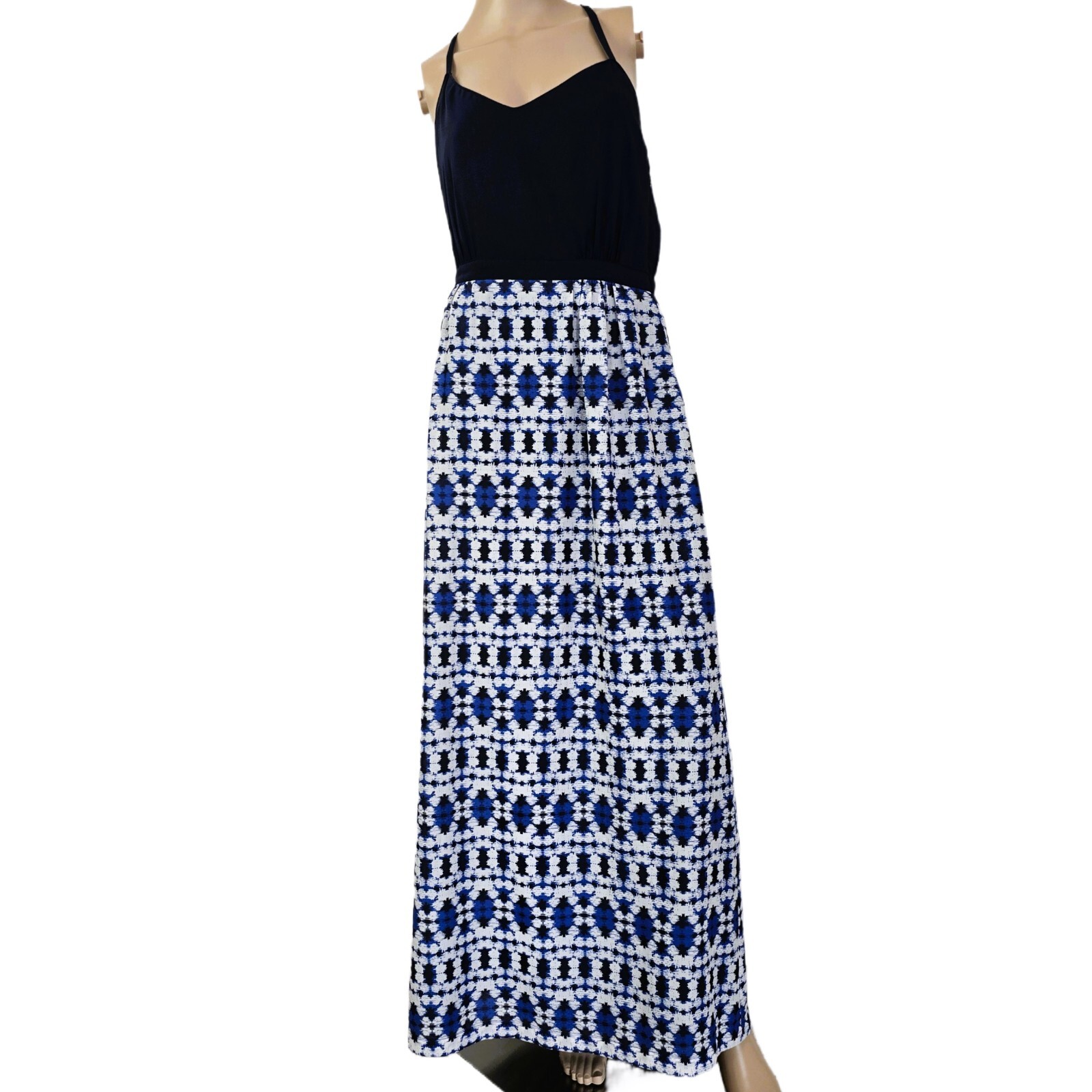 J.CREW Boho Maxi Dress 4 Blue Halter Geometric Print Summer Vacation