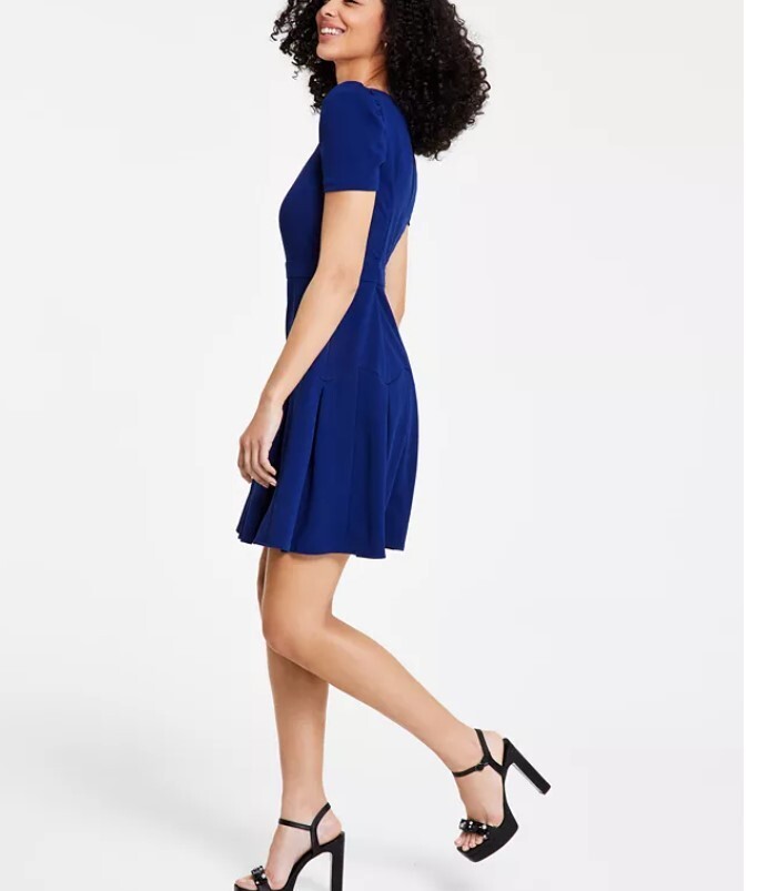 KARL LAGERFELD PARIS Women's Scuba Crepe A-Line Puff-Sleeve Pleat-Skirt Dress 10