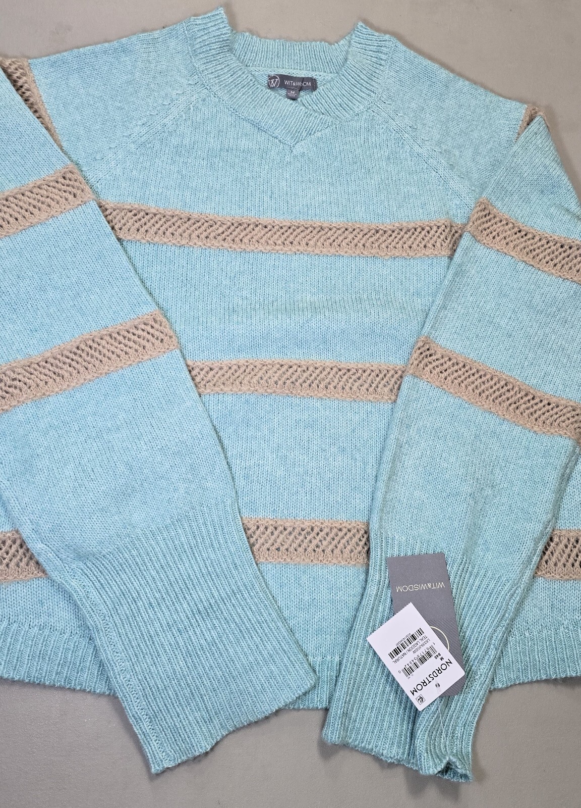 Wit & Wisdom Stripe V-Neck Sweater in Teal Lagoon/Natural - Size M