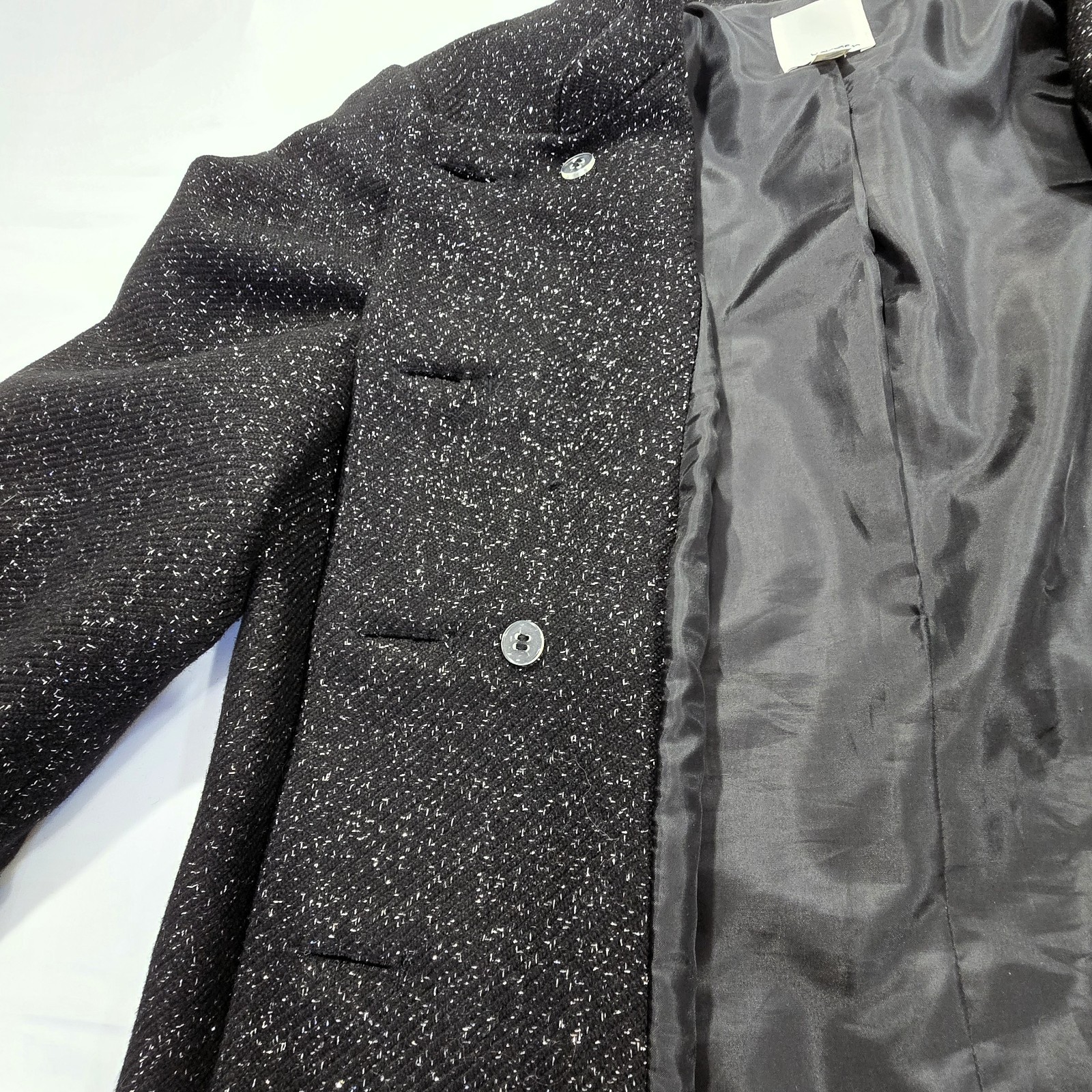 Halogen Virgin Wool Double-Breasted Black Silver Metallic Blazer Large