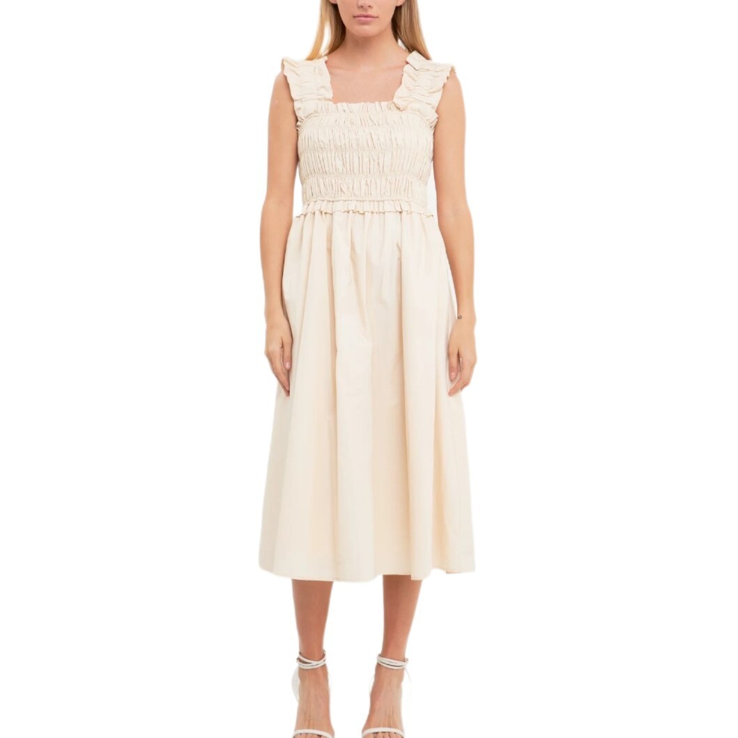 English Factory Women's Ruffled Shoulder Straps Midi Dress | Beige | Size S