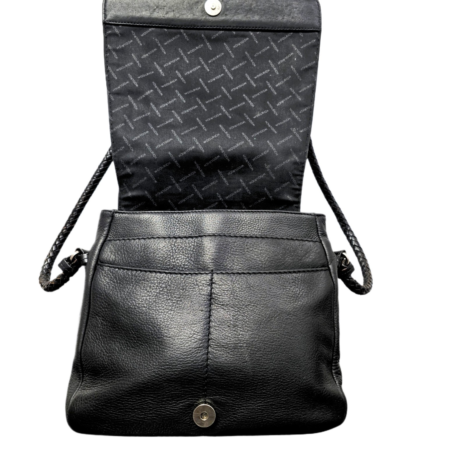Woolrich Black Genuine Leather Crossbody Bag Braided Strap Multiple Pockets - Used