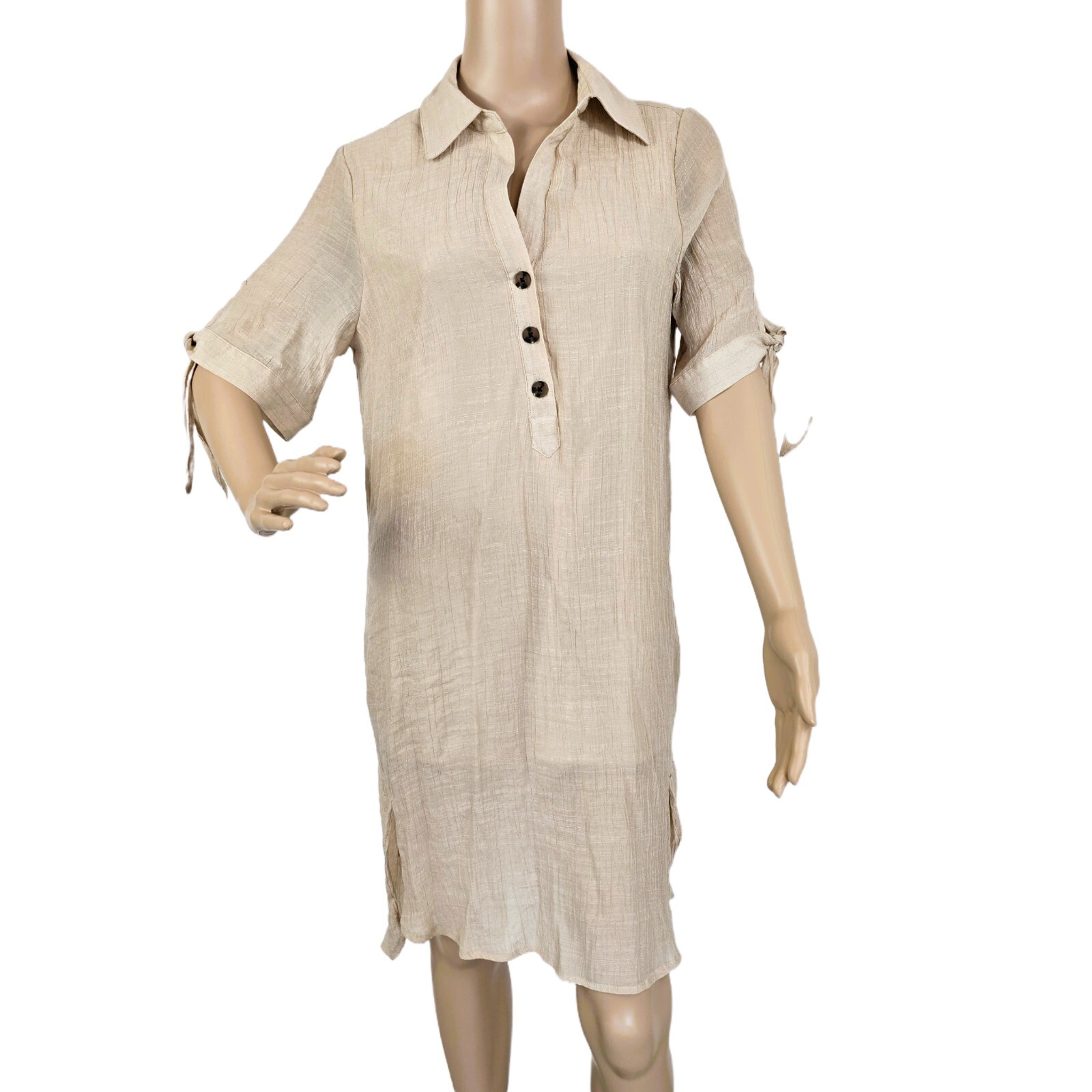 Indigo Rose Women's M Beige Shirt Dress Lined Button-Up Lightweight Boho