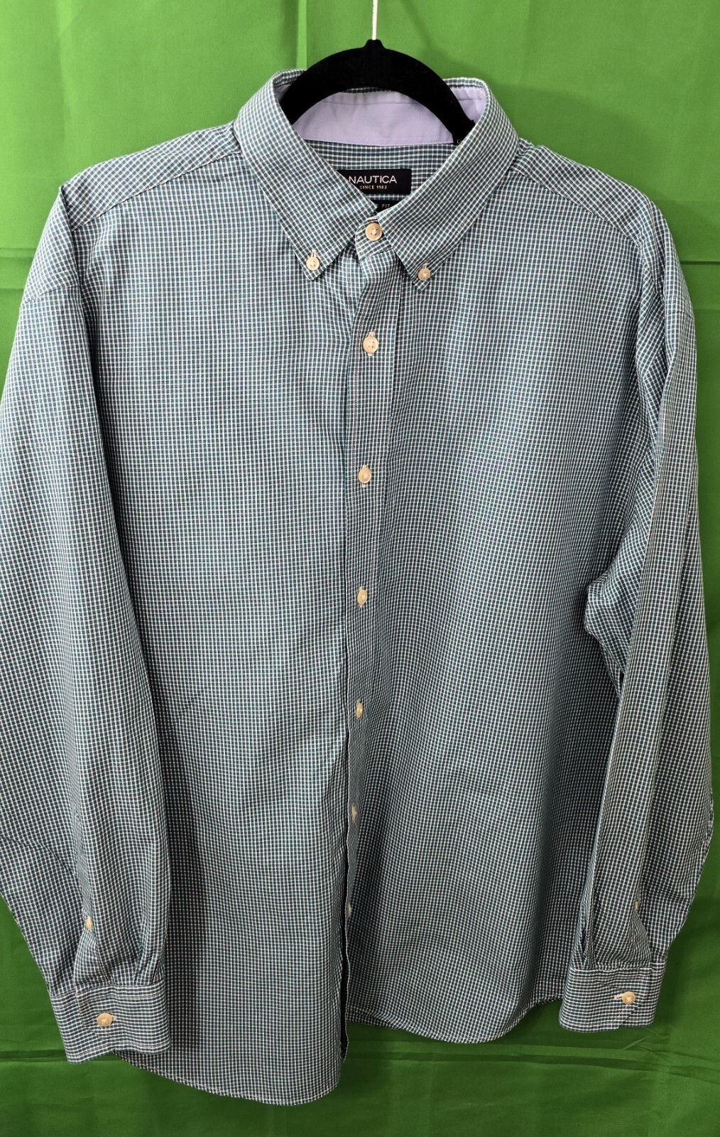 Nautica Mens Plaid Dress Shirt - Size XL Green/White - 100% Cotton - Long Sleeve