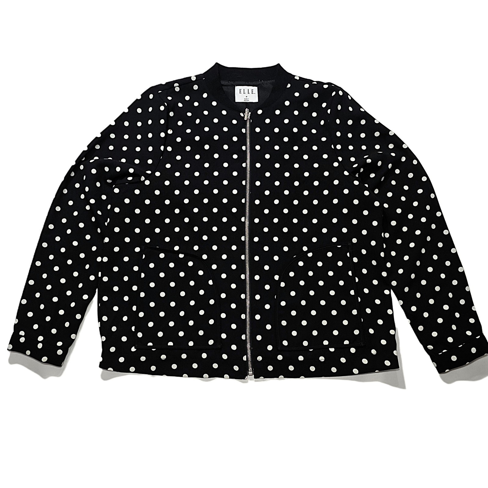 ELLE Womens Black White Polka Dot Bomber Jacket Medium Full Zip Pockets Lined