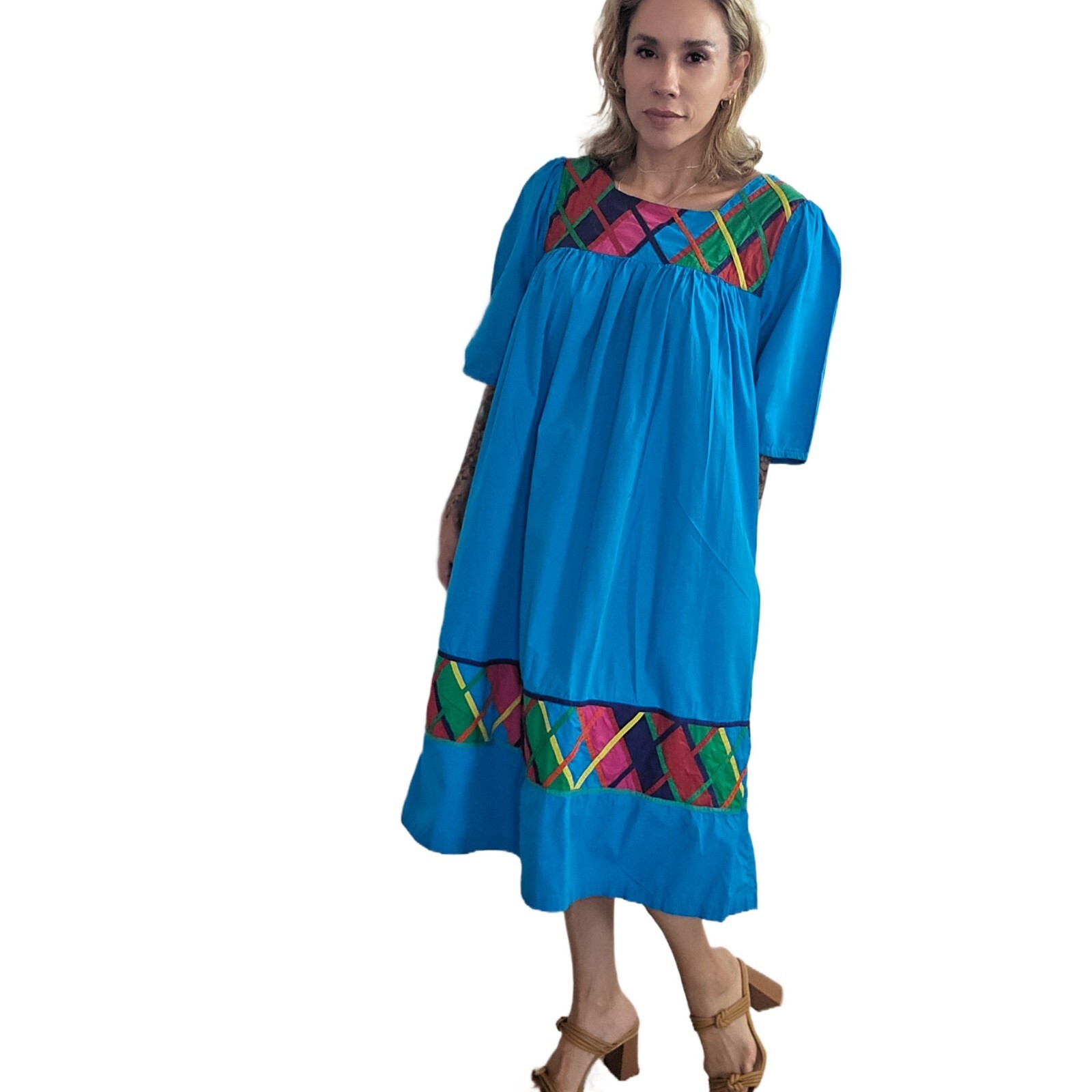 Vintage 1980s La Cera Blue Cotton Dress Size L – Embroidered Boho Midi
