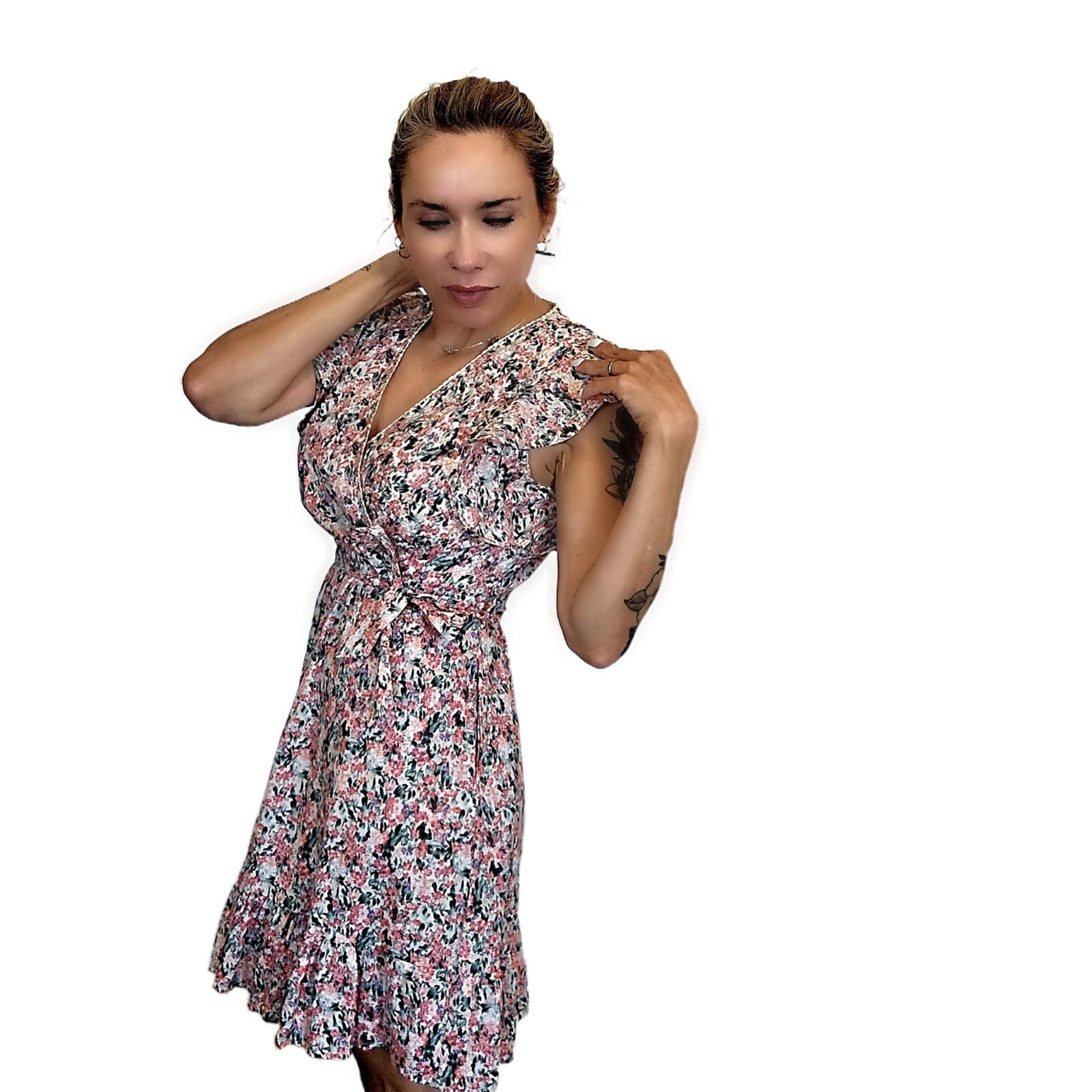 Meisie Spain S Floral Boho Dress 100% Cotton Ruffle Sleeves w/ Pockets