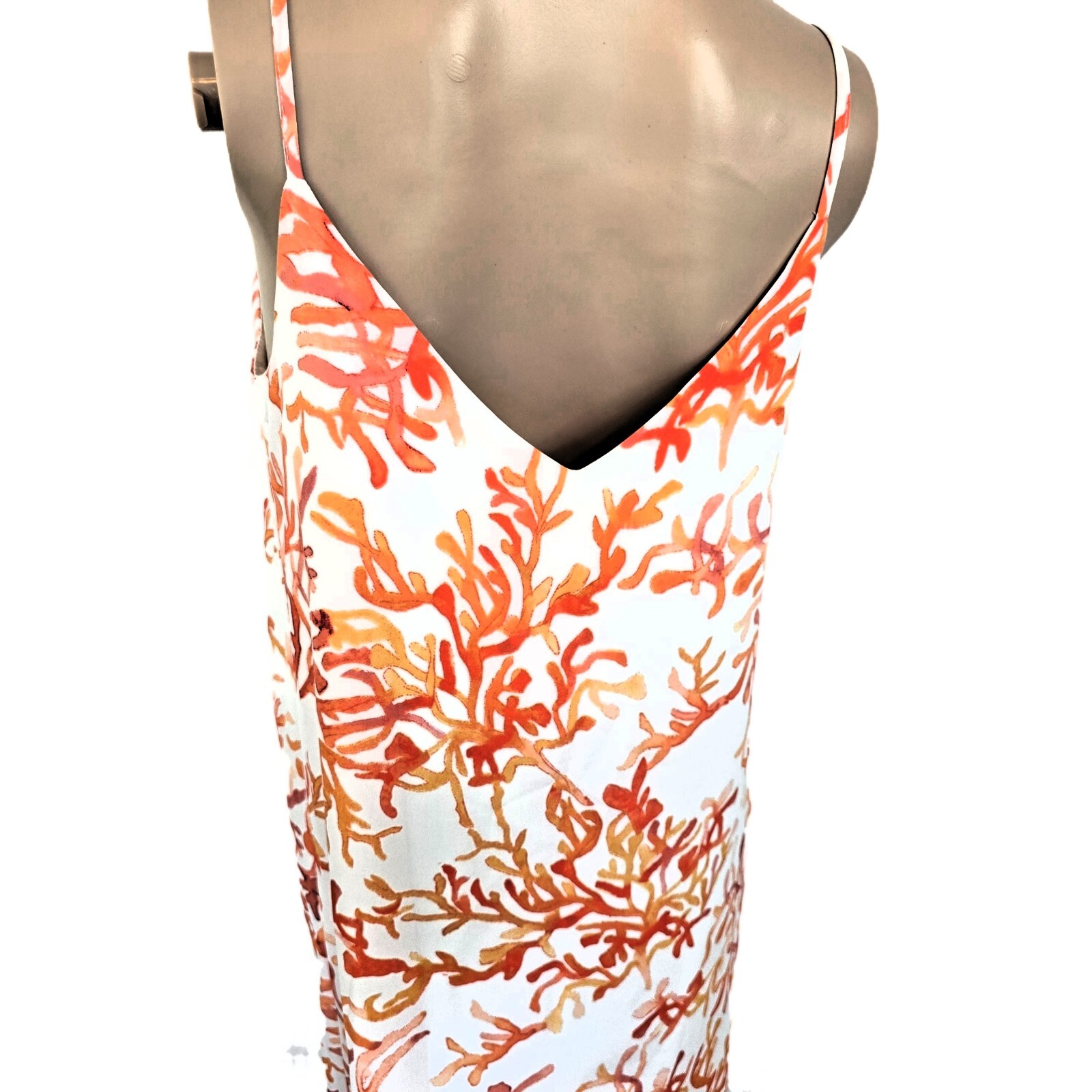 C&E Women's S Maxi Summer Dress Coral Print White Slit Lined Lightweight