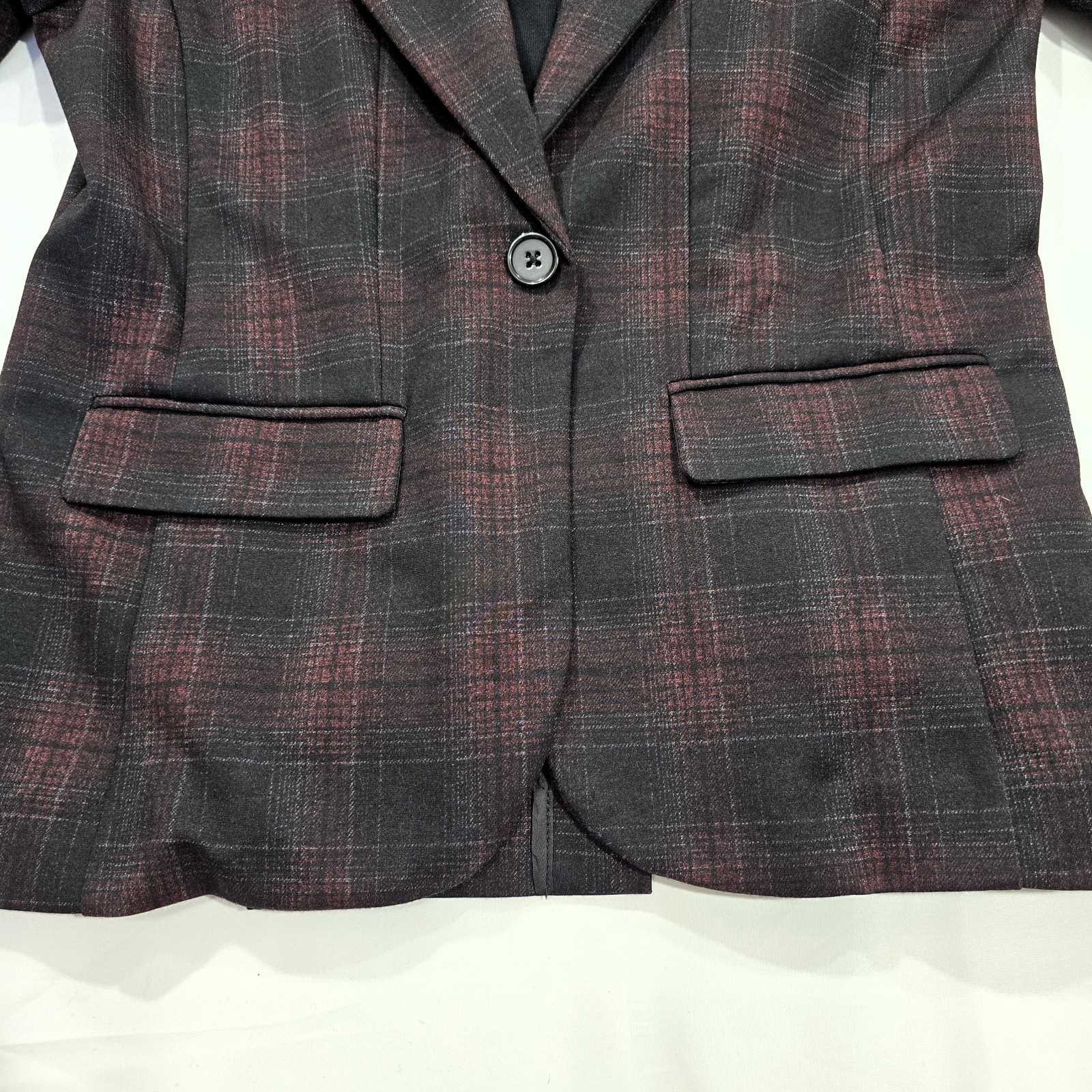 Liverpool LA Burgundy Plaid Boyfriend Blazer Size S with Removable Hoodie