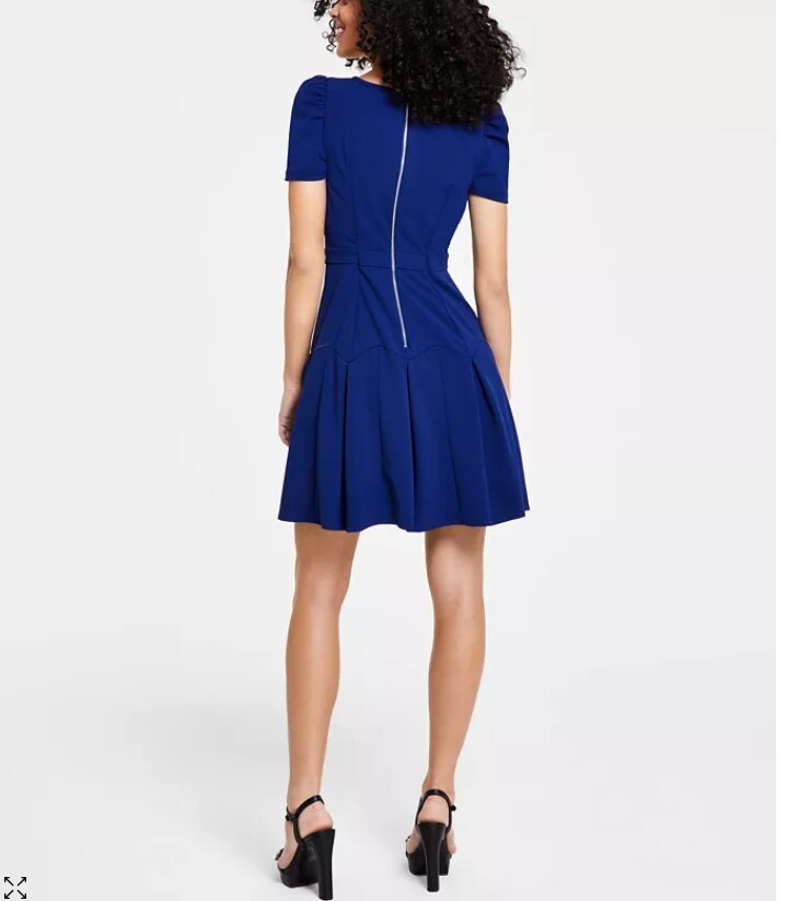 KARL LAGERFELD PARIS Women's Scuba Crepe A-Line Puff-Sleeve Pleat-Skirt Dress 10