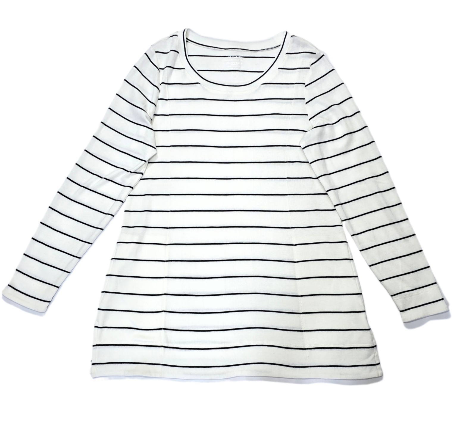 Chico’s Women’s White Black Striped Long Sleeve Tunic Top Pima Cotton Sz 1