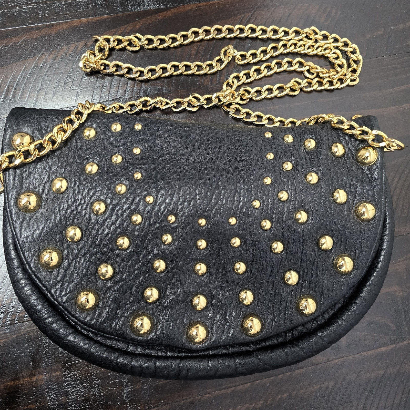 Badgley Mischka Black Leather Studded Crossbody Bag Chain Strap - Used