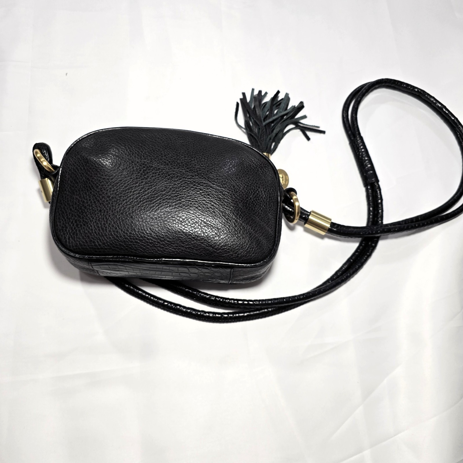 Brahmin Black Leather Multi-Texture Crossbody Bag, Gold Hardware, Key Clip