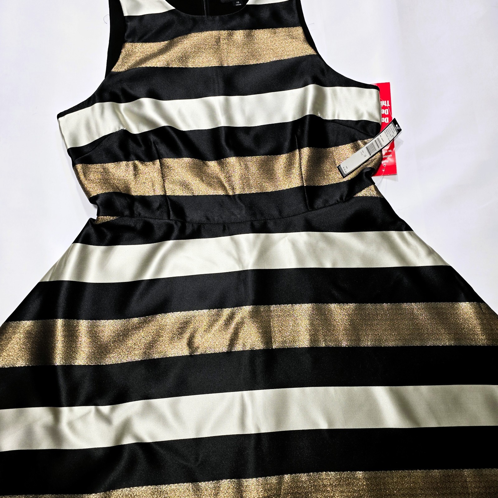 NWT TAHARI Women’s Sleeveless Striped Gold Black Fit & Flare Dress Sz 10