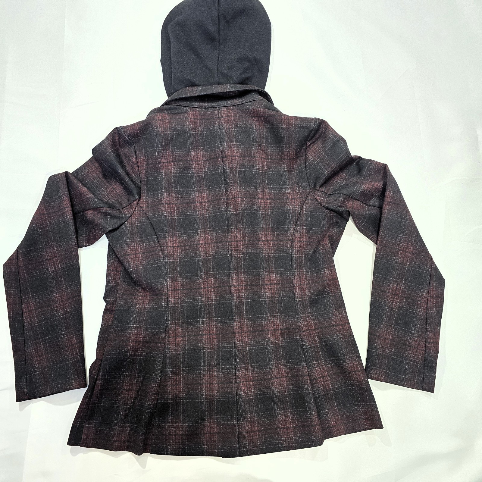 Liverpool LA Burgundy Plaid Boyfriend Blazer Size S with Removable Hoodie