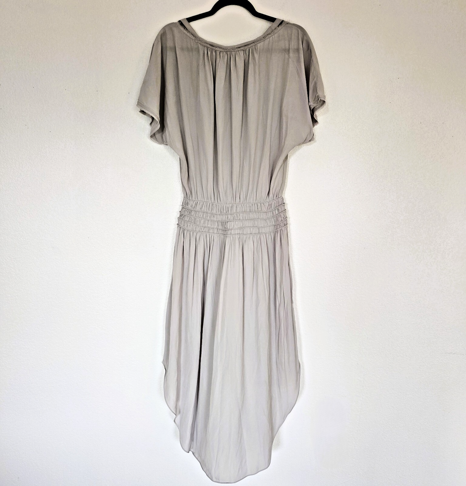 Ramy Brook “Audrey” Gray Smocked Waist Frayed Neck Blouson Midi Dress S
