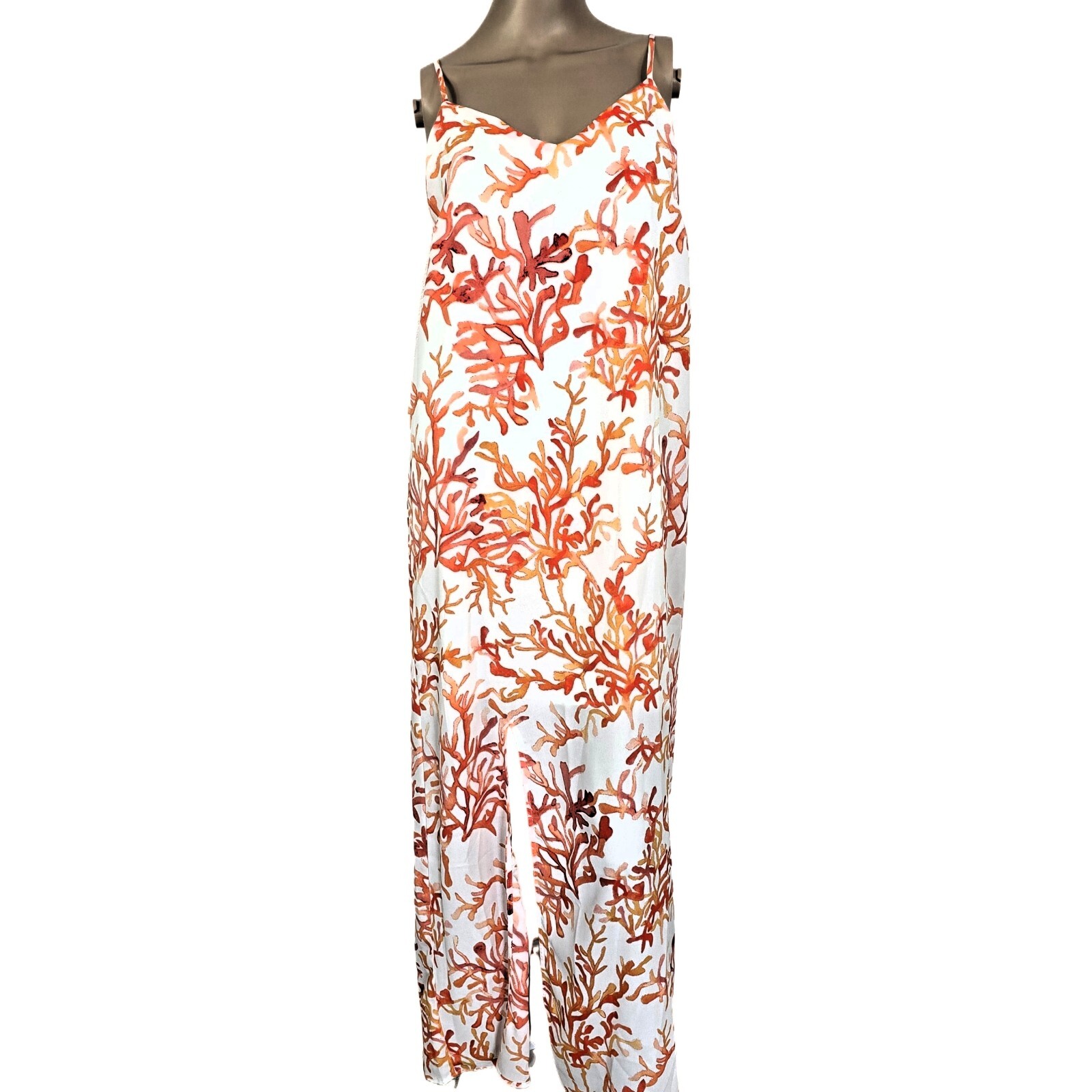 C&E Women's S Maxi Summer Dress Coral Print White Slit Lined Lightweight