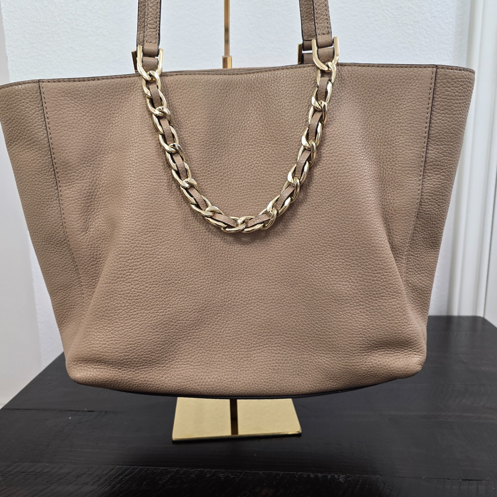 Michael Kors Harper Tote Large Khaki Shoulder Bag Leather Gold Chain MK