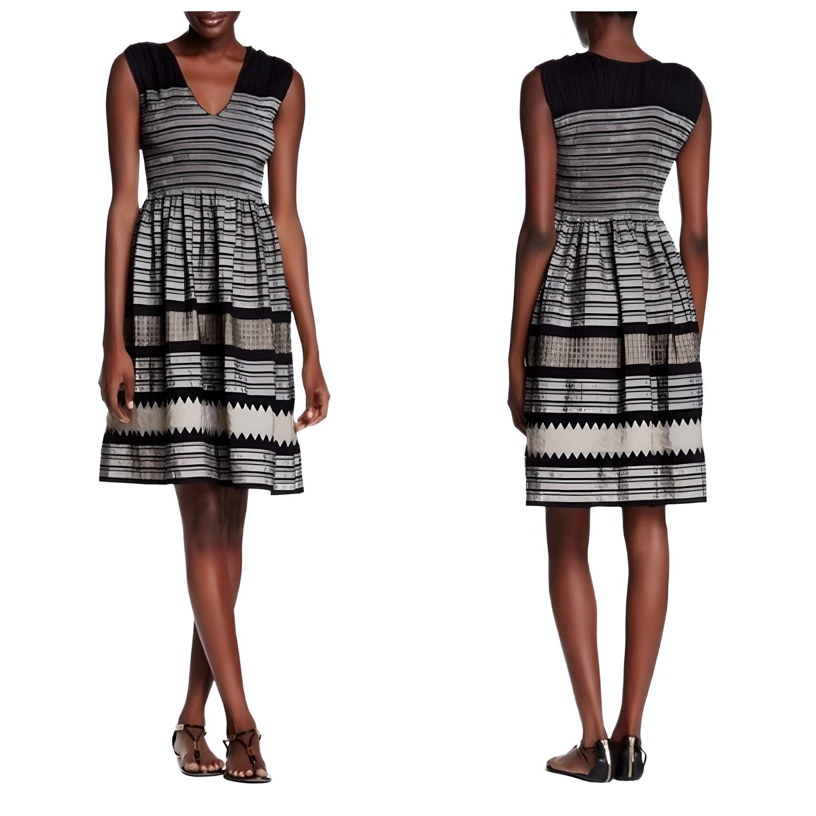 Max Studio Women's V-Neck Fit & Flare Dress M Black Gold Silver Metallic