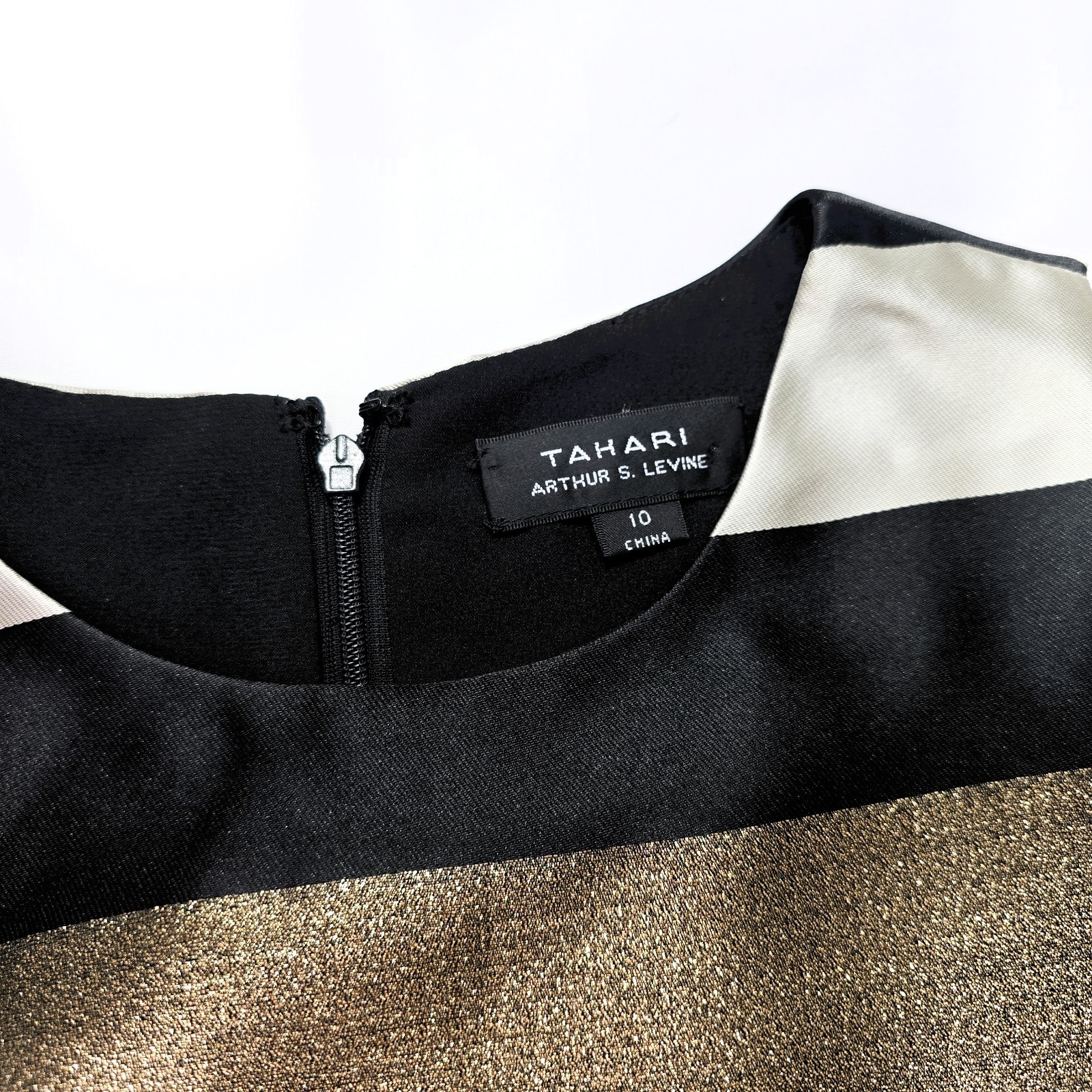 NWT TAHARI Women’s Sleeveless Striped Gold Black Fit & Flare Dress Sz 10