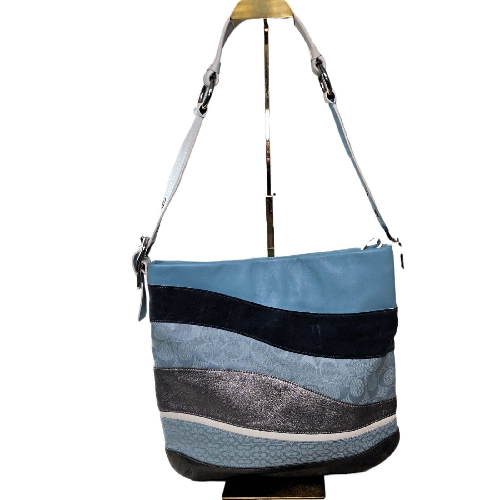 Coach Vintage Signature Wave Duffle Patchwork Hobo Bag – Blue #10653 – RARE